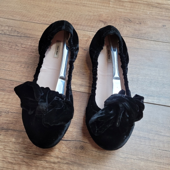 Miu Miu Prada Black Velvet leather lined Ballerina bow Flats 37 USA 6.5 - Picture 11 of 16